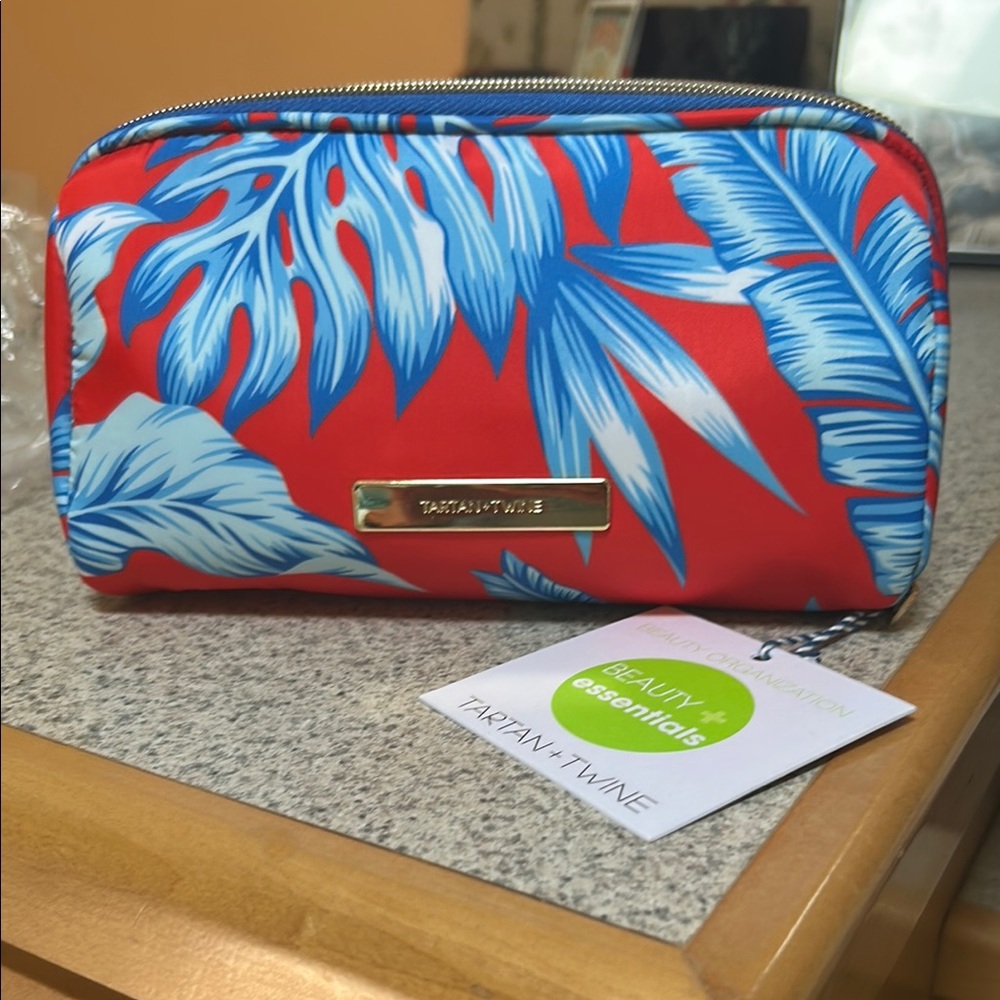 Red and Blue Leaf Print Cosmetic Bag